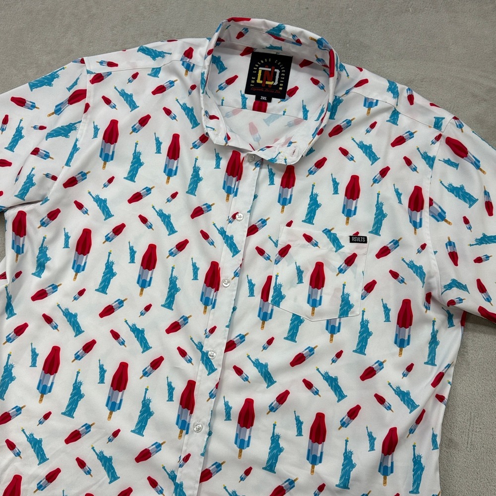 RSVLTS Button Down Shirt Mens 3XL White Patriotic Statue of Liberty Rocket Pop